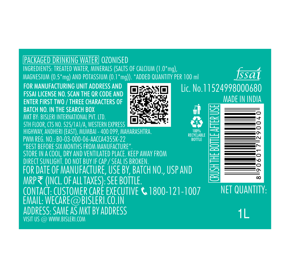 Bisleri 1 L Packaged Drinking Water back label